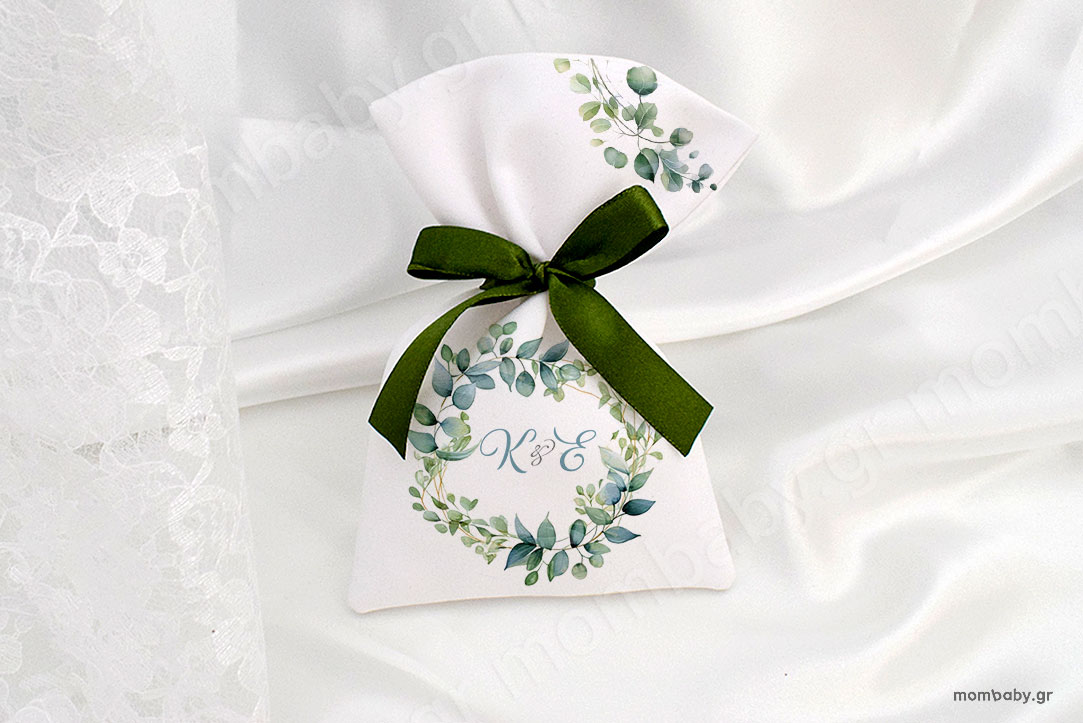 Μπομπονιέρα Γάμου Πουγκί Φύλλα Κλαδιά Ευκάλυπτος