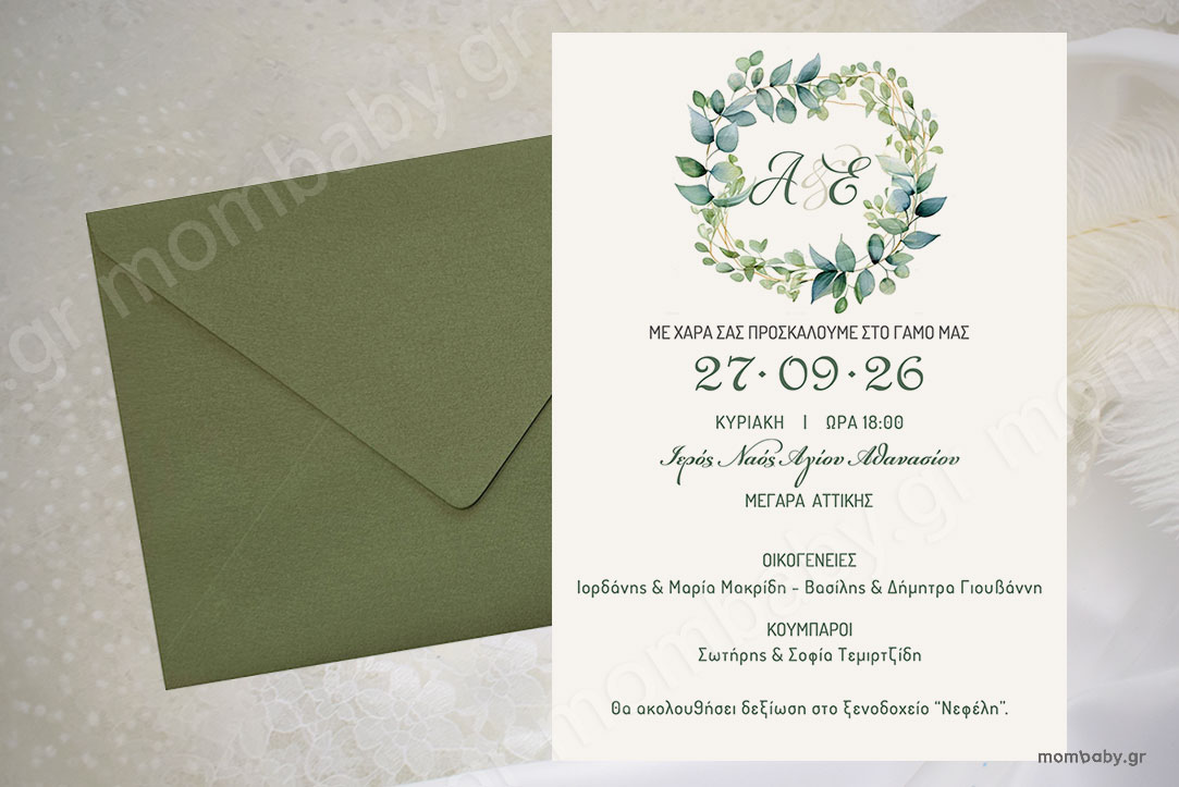 Προσκλητήριο Γάμου Στεφάνι Φύλλα Ευκάλυπτος