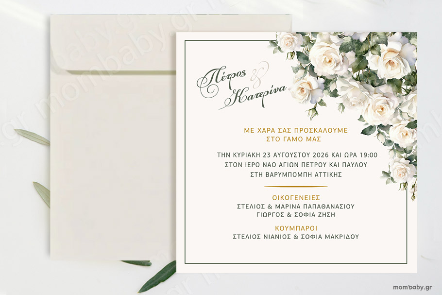Προσκλητήριο Γάμου Λευκά Τριαντάφυλλα